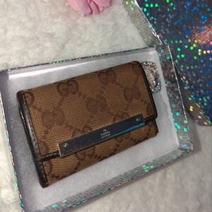 Gucci Brown Monogram Canvas Leather Key And Card Holder Pre Loved Authentic GUC
